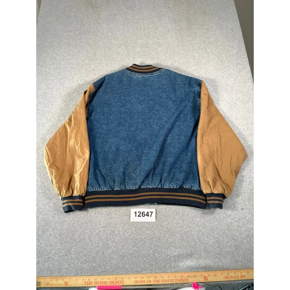 Dunbrooke Varsity Jacket Mens XL Blue Denim Tan Canvas Good Wolfe's Embroidered